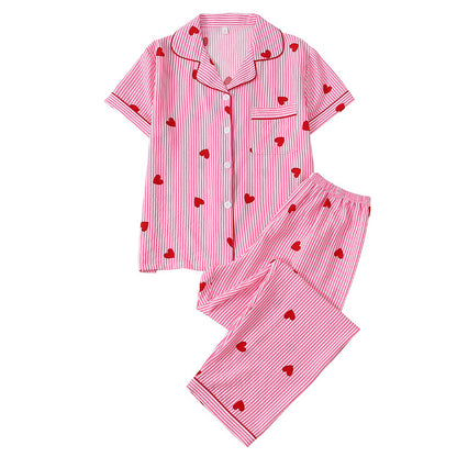Women's Heart Print Striped Pajama Set