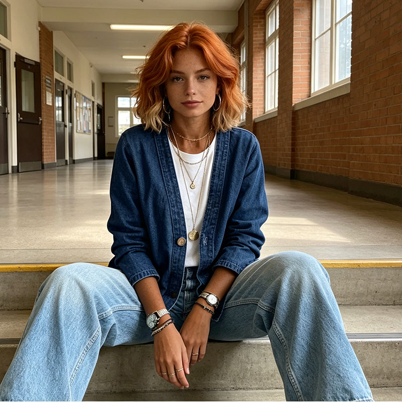 ⏰Women's Classic Button Front Denim Jacket – V-Neck, Breathable Fabric & Relaxed Fit💙