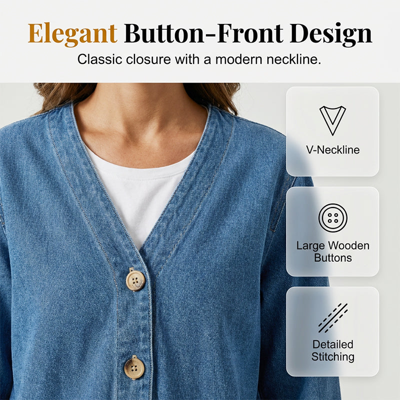 ⏰Women's Classic Button Front Denim Jacket – V-Neck, Breathable Fabric & Relaxed Fit💙