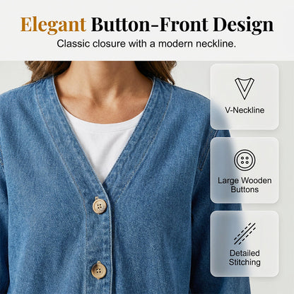 ⏰Women's Classic Button Front Denim Jacket – V-Neck, Breathable Fabric & Relaxed Fit💙