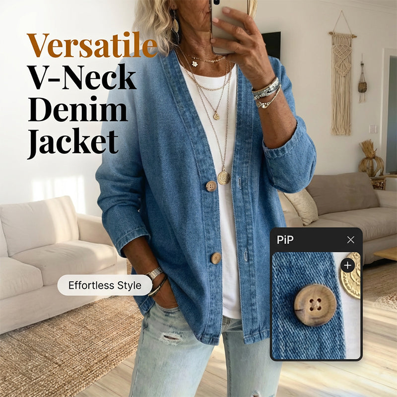 ⏰Women's Classic Button Front Denim Jacket – V-Neck, Breathable Fabric & Relaxed Fit💙