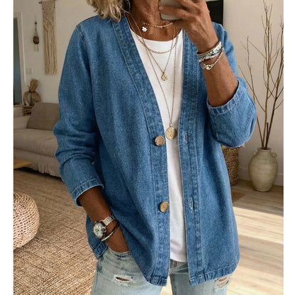⏰Women's Classic Button Front Denim Jacket – V-Neck, Breathable Fabric & Relaxed Fit💙
