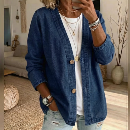 ⏰Women's Classic Button Front Denim Jacket – V-Neck, Breathable Fabric & Relaxed Fit💙