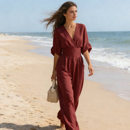 ⏰Elegant V-Neck Wide-Leg Jumpsuit