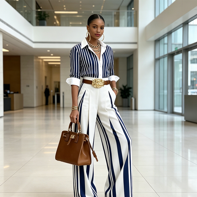 🎁New Arrival 50% OFF💥 Women's Striped Shirt & Wide-Leg Pants 2-Piece Set