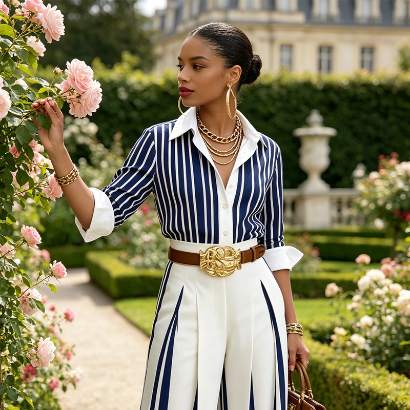 🎁New Arrival 50% OFF💥 Women's Striped Shirt & Wide-Leg Pants 2-Piece Set