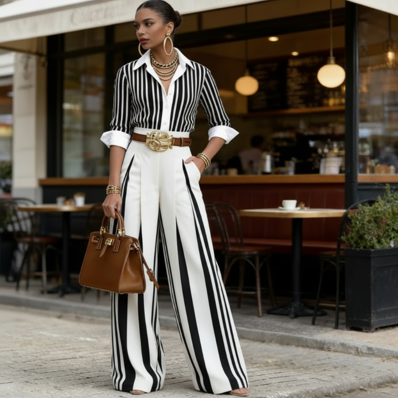 🎁New Arrival 50% OFF💥 Women's Striped Shirt & Wide-Leg Pants 2-Piece Set