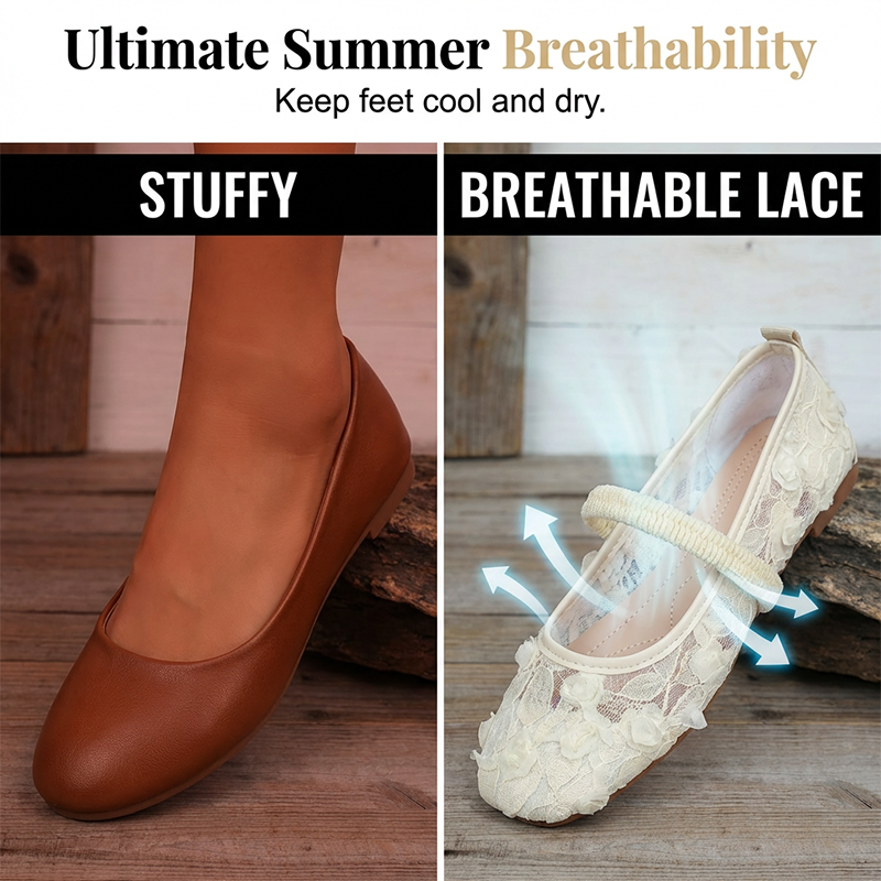 Women's Lace Breathable Square-Toe Ballet Flats