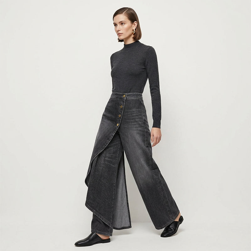 Asymmetrical Wrap Denim Skirt Pants