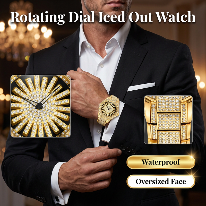 🔥Men's Iced-Out Watch with Rotating Dial – Sparkling Crystals, Precise Quartz & Butterfly Clasp✨