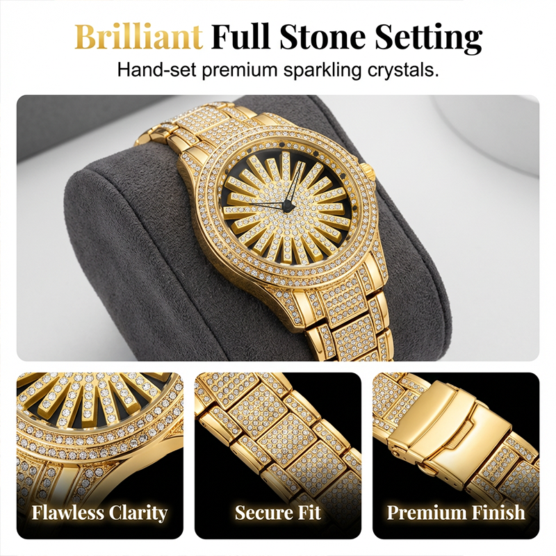 🔥Men's Iced-Out Watch with Rotating Dial – Sparkling Crystals, Precise Quartz & Butterfly Clasp✨