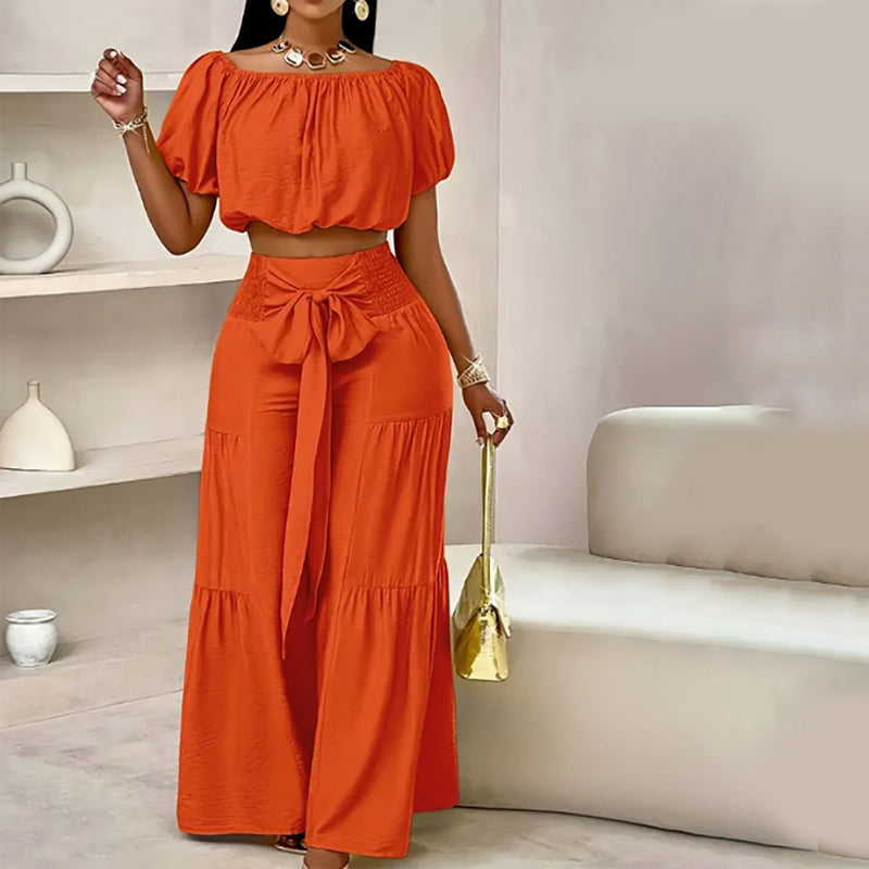 Shoulder Puff Sleeve Top with Wide-Leg Pants 2-Pieces Set