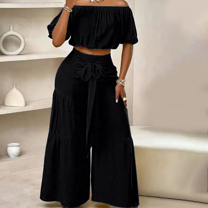 Shoulder Puff Sleeve Top with Wide-Leg Pants 2-Pieces Set