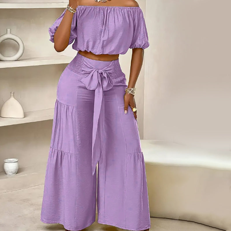Shoulder Puff Sleeve Top with Wide-Leg Pants 2-Pieces Set