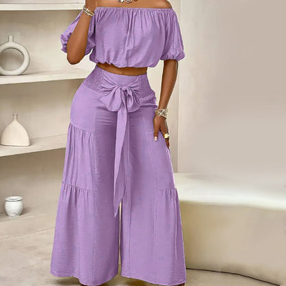 Shoulder Puff Sleeve Top with Wide-Leg Pants 2-Pieces Set