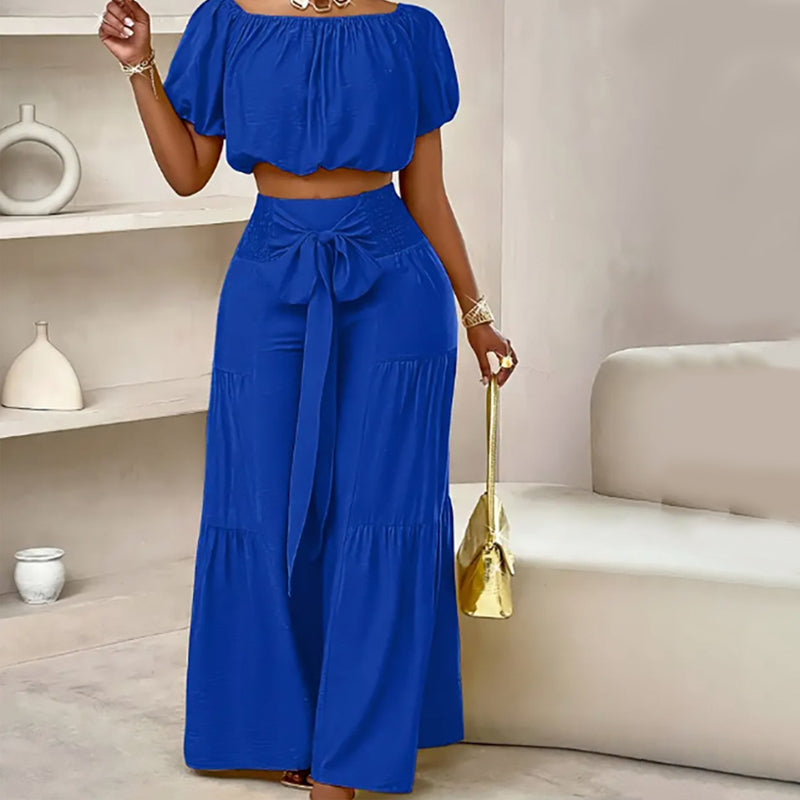 Shoulder Puff Sleeve Top with Wide-Leg Pants 2-Pieces Set