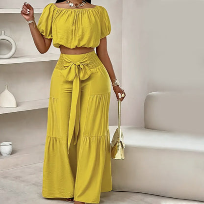 Shoulder Puff Sleeve Top with Wide-Leg Pants 2-Pieces Set