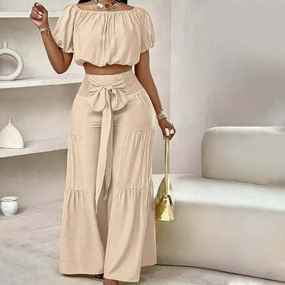 Shoulder Puff Sleeve Top with Wide-Leg Pants 2-Pieces Set