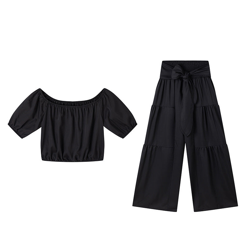 Shoulder Puff Sleeve Top with Wide-Leg Pants 2-Pieces Set