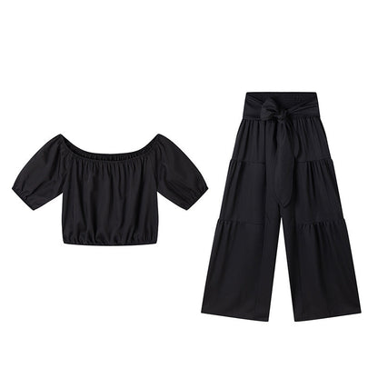 Shoulder Puff Sleeve Top with Wide-Leg Pants 2-Pieces Set