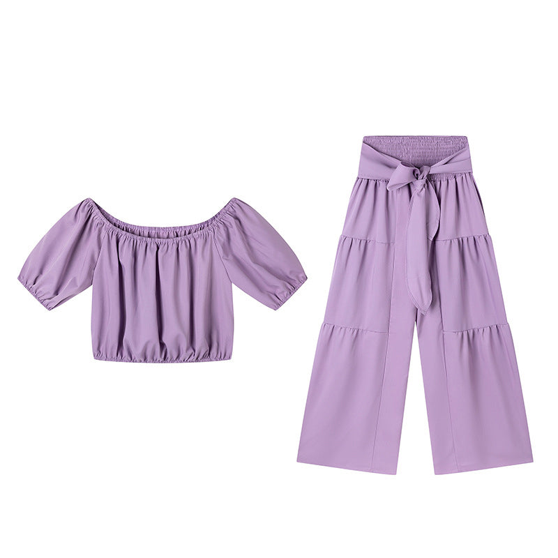 Shoulder Puff Sleeve Top with Wide-Leg Pants 2-Pieces Set
