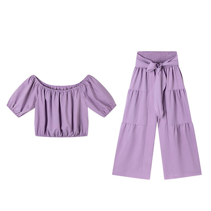 Shoulder Puff Sleeve Top with Wide-Leg Pants 2-Pieces Set