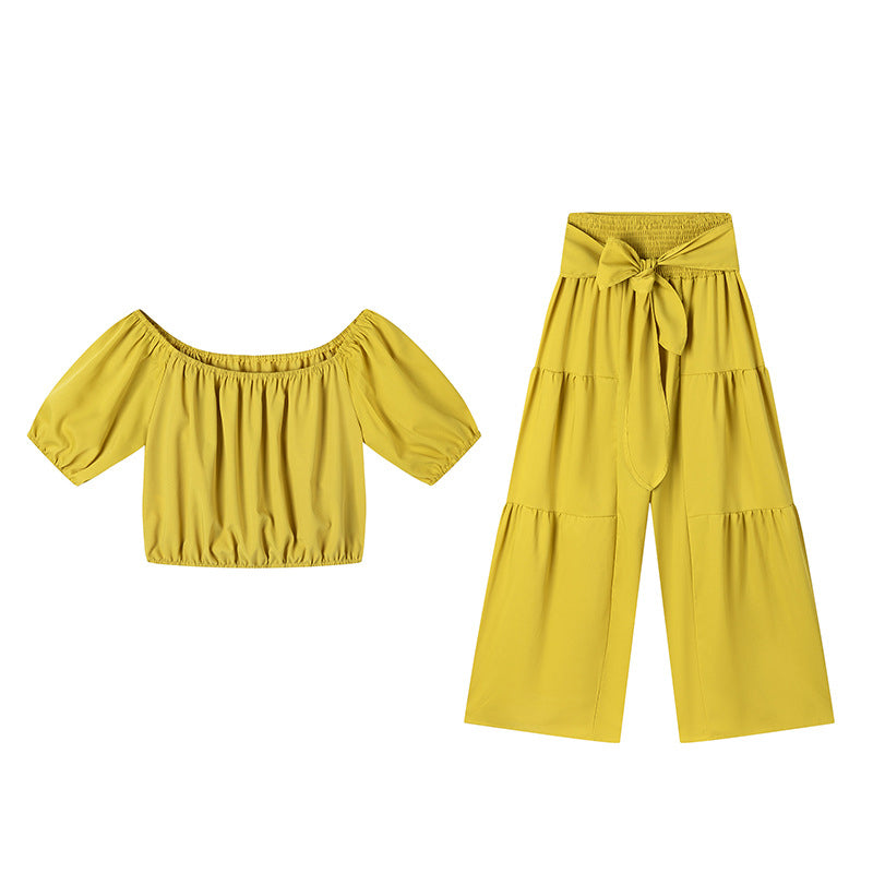 Shoulder Puff Sleeve Top with Wide-Leg Pants 2-Pieces Set