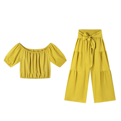 Shoulder Puff Sleeve Top with Wide-Leg Pants 2-Pieces Set