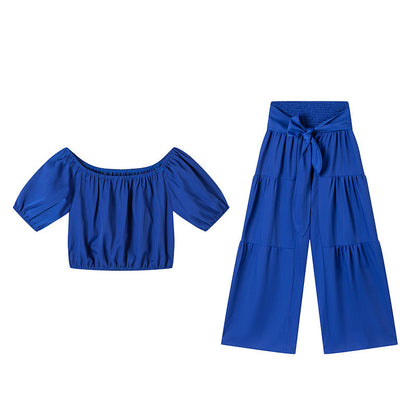 Shoulder Puff Sleeve Top with Wide-Leg Pants 2-Pieces Set