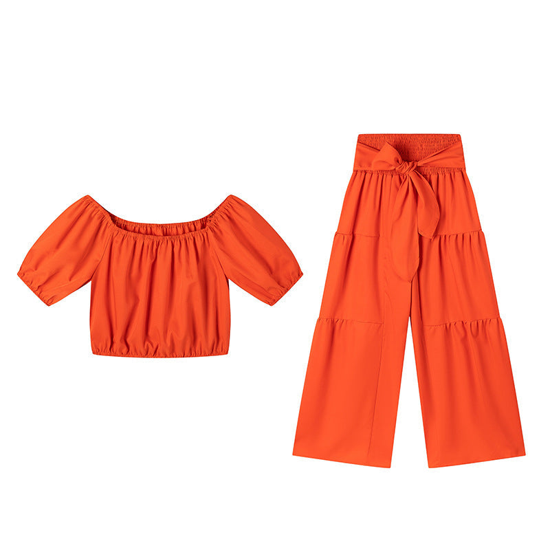 Shoulder Puff Sleeve Top with Wide-Leg Pants 2-Pieces Set