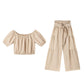 Shoulder Puff Sleeve Top with Wide-Leg Pants 2-Pieces Set