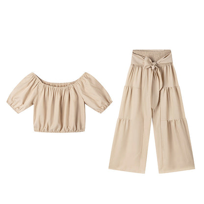 Shoulder Puff Sleeve Top with Wide-Leg Pants 2-Pieces Set
