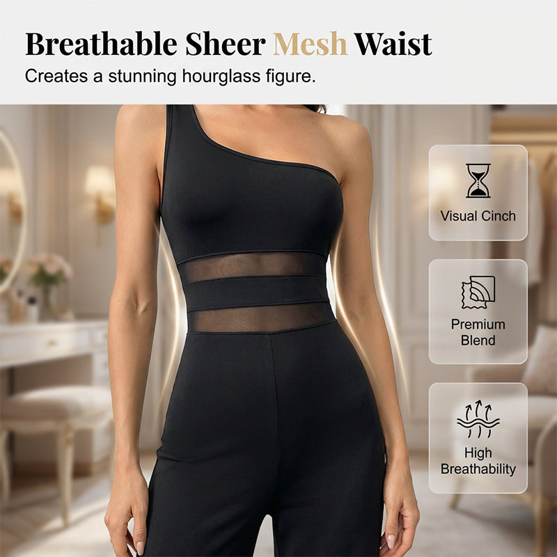 👯 LIMITED TIME 50% OFF!✨One-Shoulder Mesh Panel Wide-Leg Jumpsuit – Sculpting, Elegant, Alluring 💃