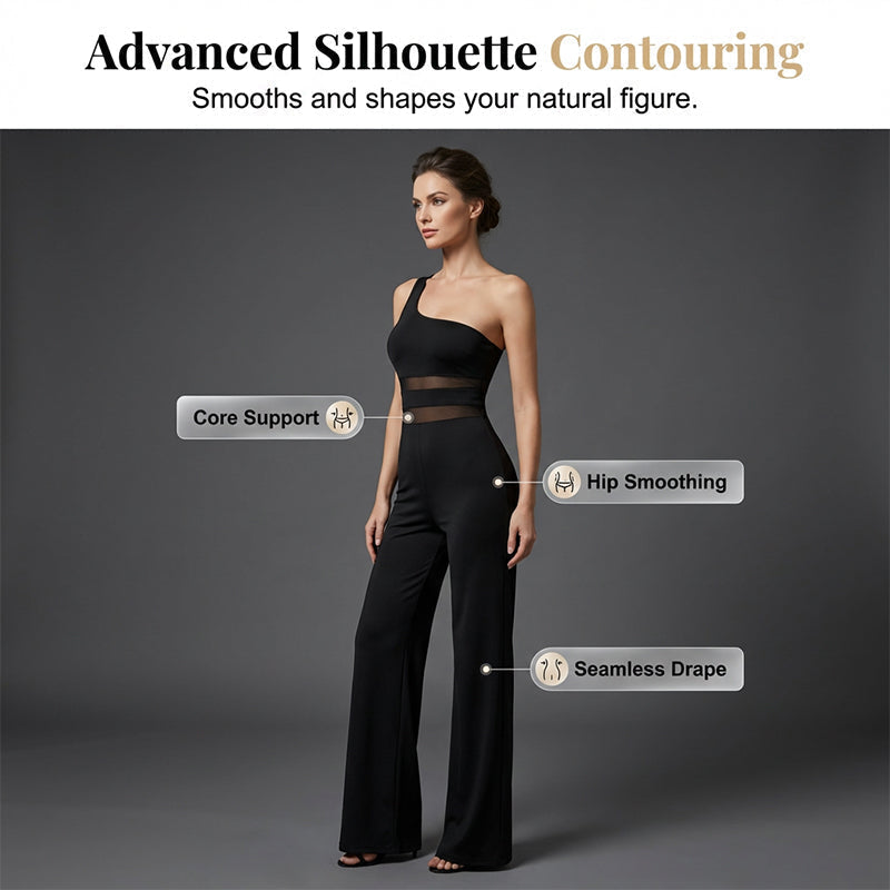 👯 LIMITED TIME 50% OFF!✨One-Shoulder Mesh Panel Wide-Leg Jumpsuit – Sculpting, Elegant, Alluring 💃