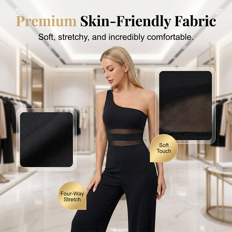 👯 LIMITED TIME 50% OFF!✨One-Shoulder Mesh Panel Wide-Leg Jumpsuit – Sculpting, Elegant, Alluring 💃