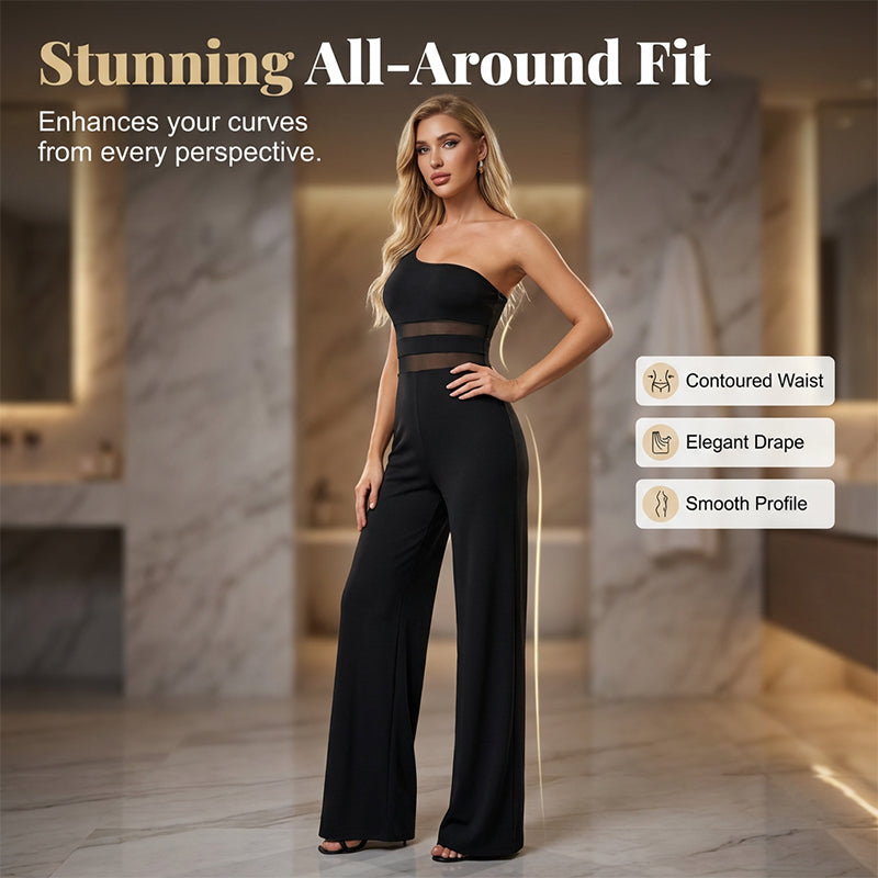 👯 LIMITED TIME 50% OFF!✨One-Shoulder Mesh Panel Wide-Leg Jumpsuit – Sculpting, Elegant, Alluring 💃