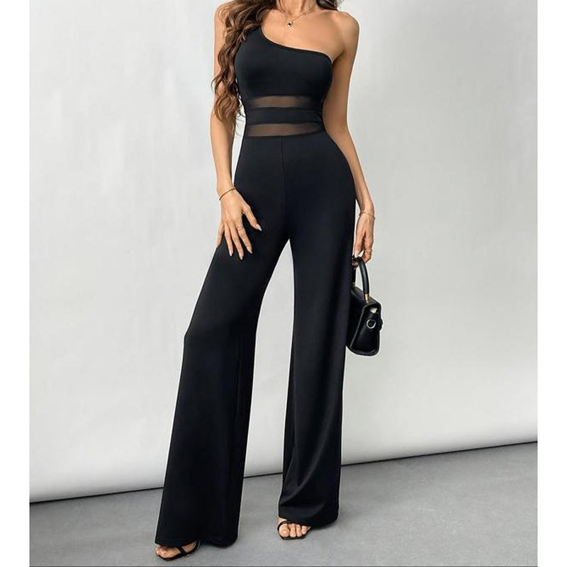 👯 LIMITED TIME 50% OFF!✨One-Shoulder Mesh Panel Wide-Leg Jumpsuit – Sculpting, Elegant, Alluring 💃