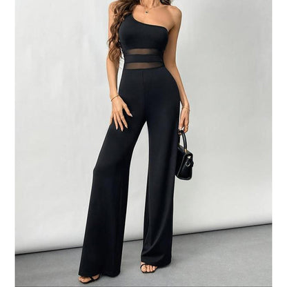 👯 LIMITED TIME 50% OFF!✨One-Shoulder Mesh Panel Wide-Leg Jumpsuit – Sculpting, Elegant, Alluring 💃