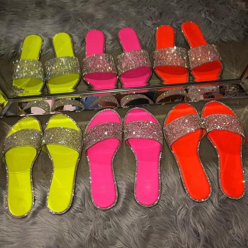 Women's Sparkling Rhinestone Flat Slide Sandals