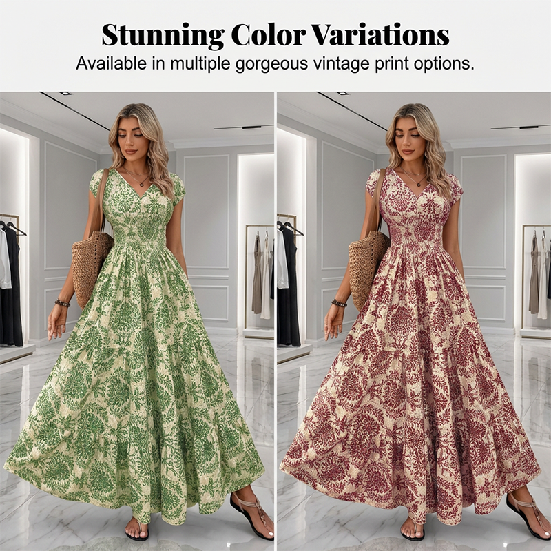 Women's V-Neck Floral Print Smocked Maxi Dress