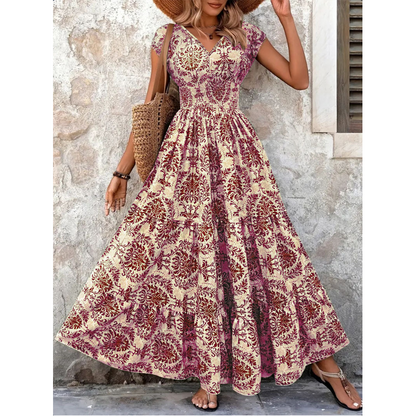 Women's V-Neck Floral Print Smocked Maxi Dress