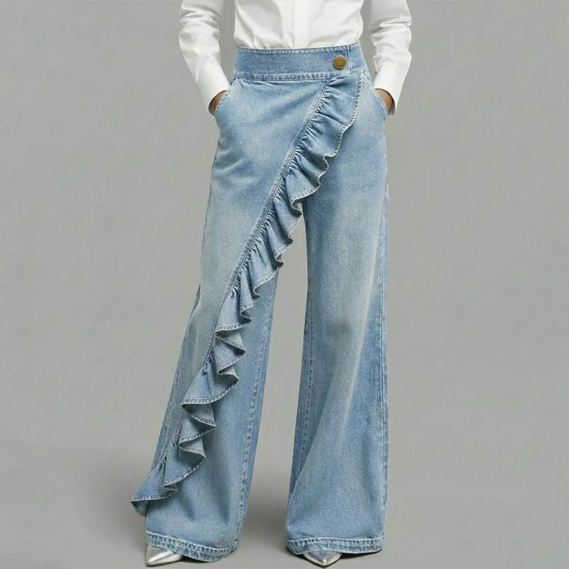 Women’s Asymmetrical Ruffle Wide-Leg Denim Pants
