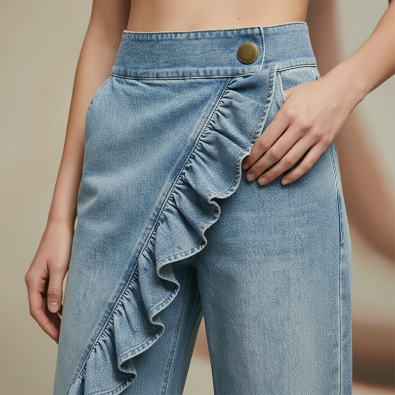 Women’s Asymmetrical Ruffle Wide-Leg Denim Pants