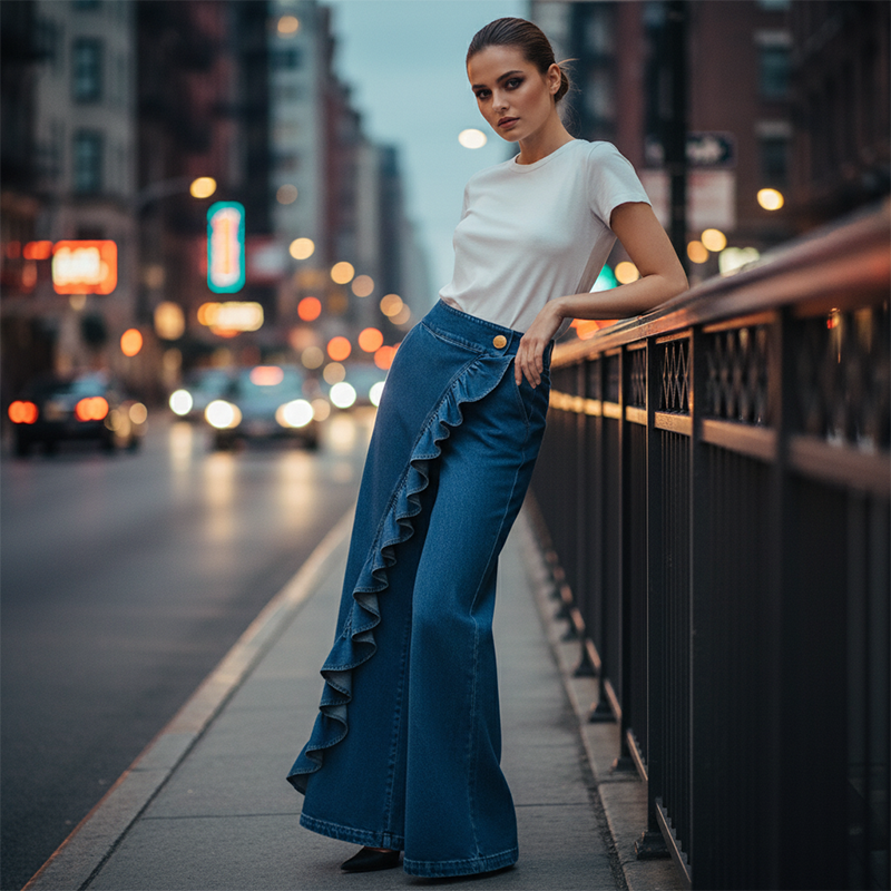 Women’s Asymmetrical Ruffle Wide-Leg Denim Pants