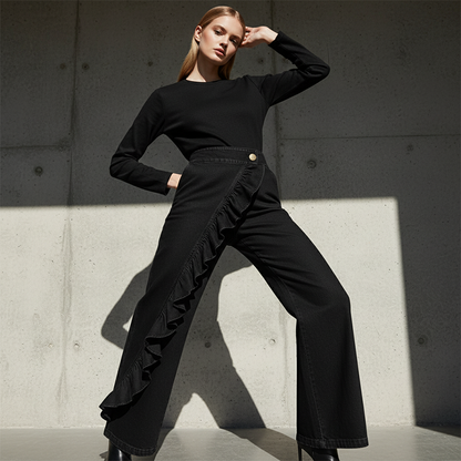 Women’s Asymmetrical Ruffle Wide-Leg Denim Pants