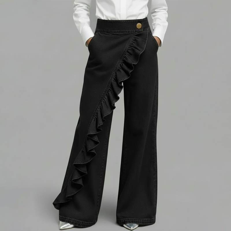 Women’s Asymmetrical Ruffle Wide-Leg Denim Pants