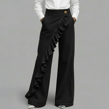 Women’s Asymmetrical Ruffle Wide-Leg Denim Pants