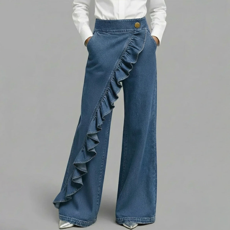 Women’s Asymmetrical Ruffle Wide-Leg Denim Pants