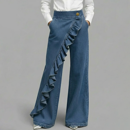 Women’s Asymmetrical Ruffle Wide-Leg Denim Pants