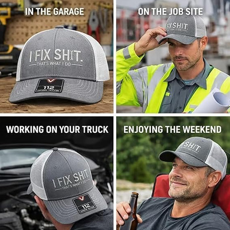 🔥2026 New Arrival🔥Mesh Back Trucker Cap with "I Fix Shit" Embroidery – Breathable Outdoor Sun Hat🧢☀️